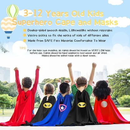 Kids wearing a Captain America costume for kids with capes and masks in a park setting