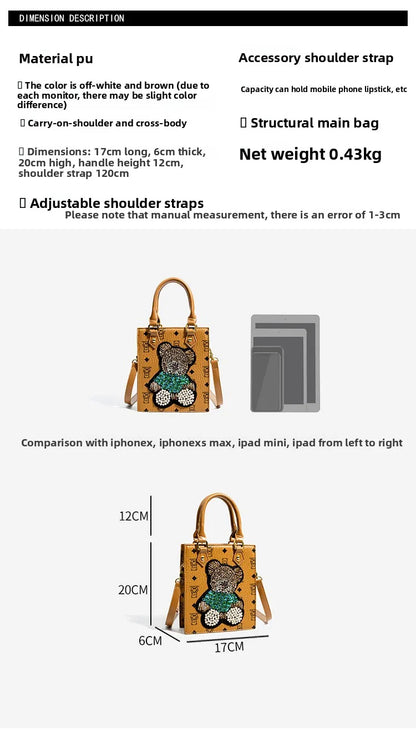 Casual Chic Buddy Bear Purse with adjustable shoulder straps and spacious compartments in brown and off-white