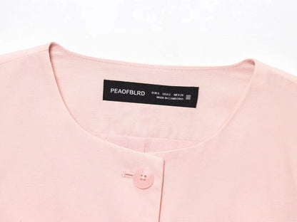EtherealBe Casual Chic Office Lady Pantsuit in pink featuring a stylish round neckline and button detail.