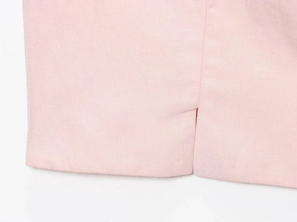 Close-up of pink fabric showing the hem detail of casual chic office lady pantsuit by EtherealBe