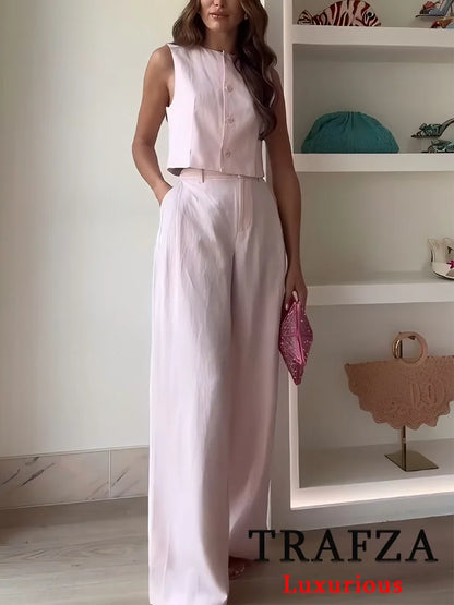 EtherealBe casual chic office lady pantsuit in soft pink with wide-leg trousers and a cropped top