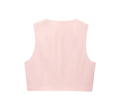 Back view of EtherealBe casual chic office lady pantsuit in soft pink for a stylish work outfit