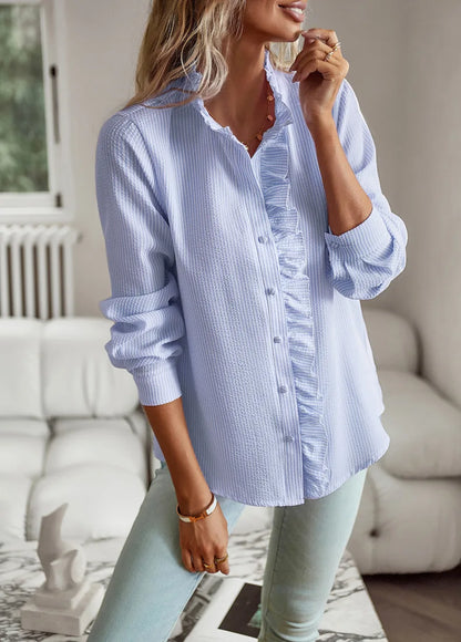 Light blue button-up shirt with ruffle detailing, perfect casual comfort tops for women
