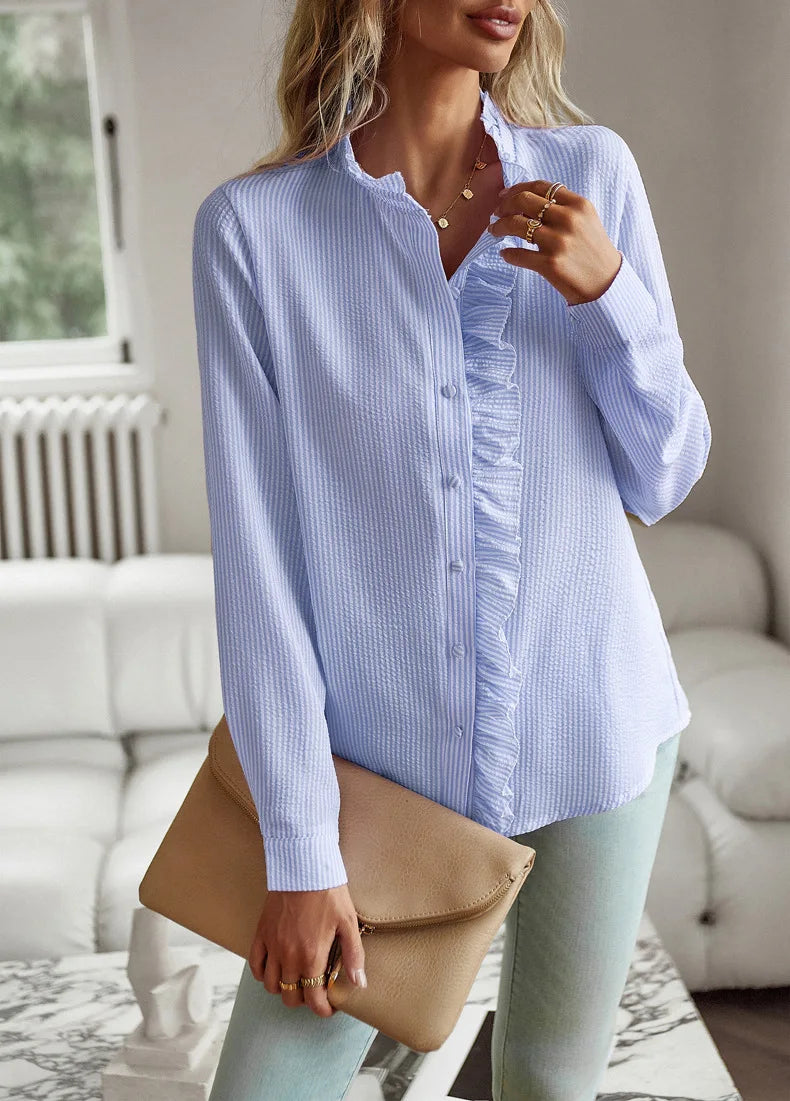 Light blue EtherealBe casual comfort tops for women with ruffle detail and button-down front