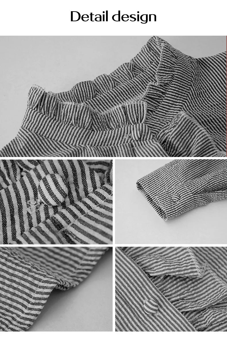 Close-up of EtherealBe casual comfort tops for women featuring striped design and ruffled collar details