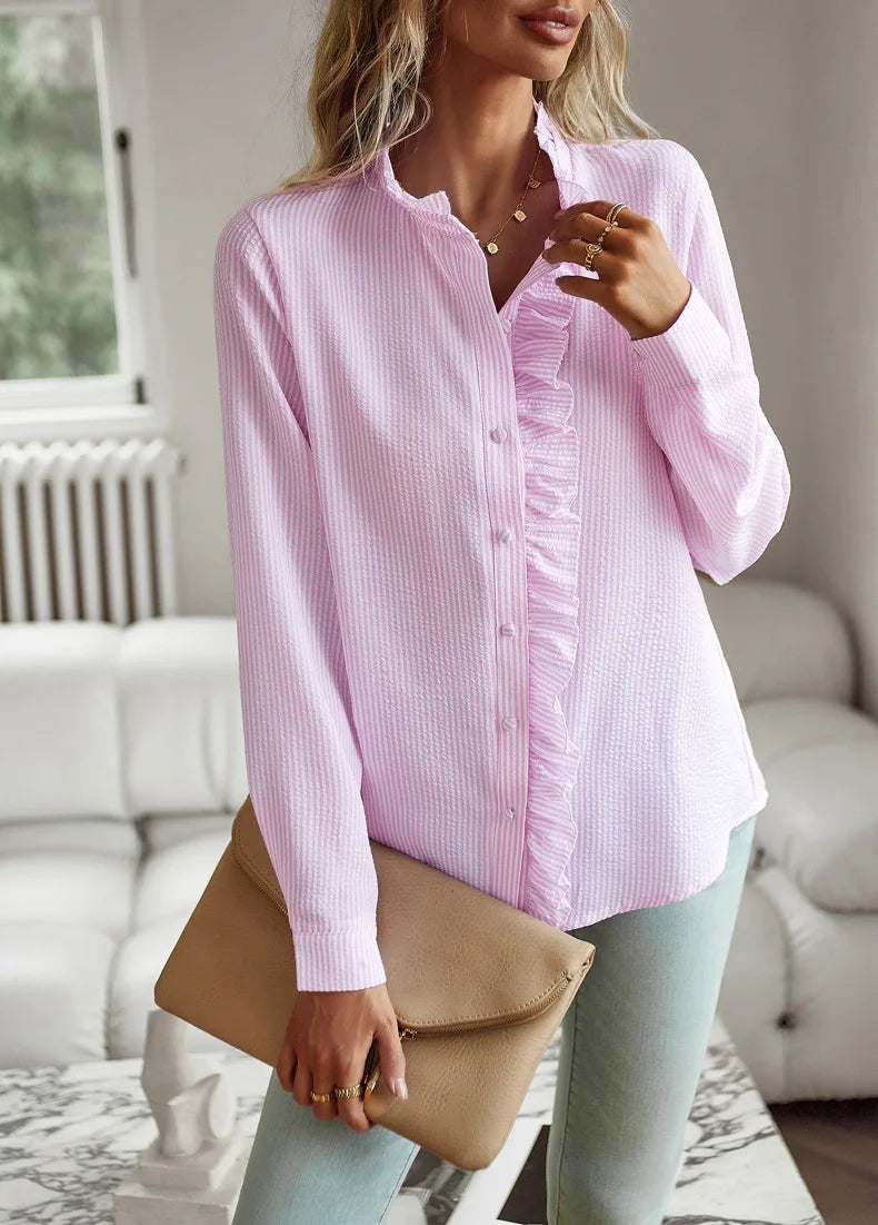 Light pink EtherealBe casual comfort tops for women with ruffled front and button-down design