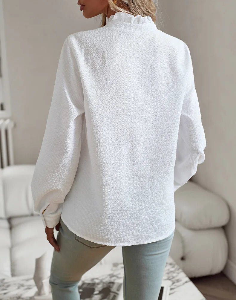 Back view of a white casual comfort top for women with long sleeves and relaxed fit by EtherealBe