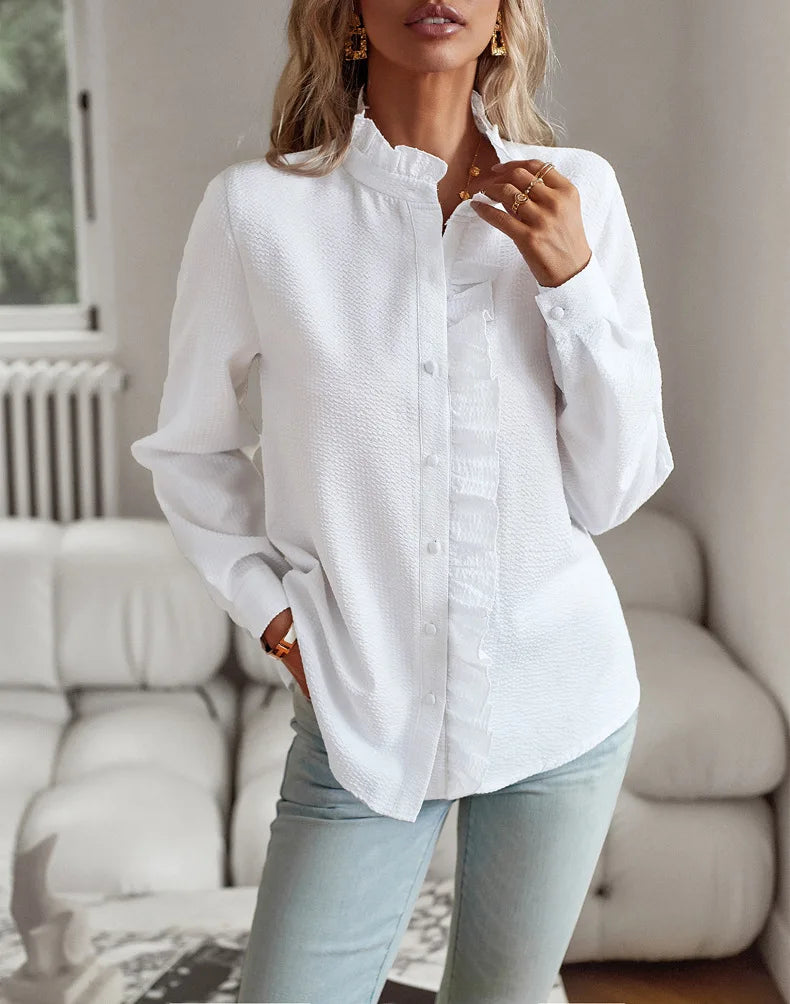 EtherealBe White Casual Comfort Top for Women with Ruffled Details and Button Closure