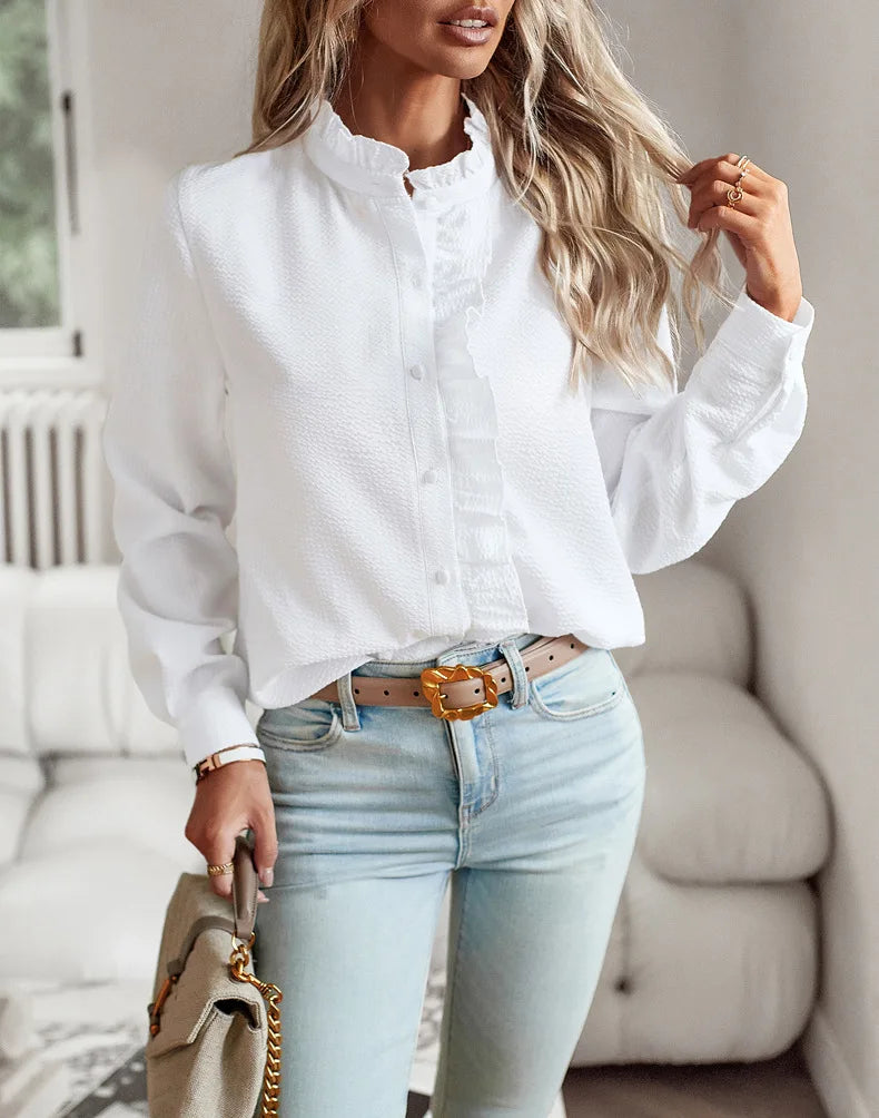 EtherealBe White Button-Up Blouse with Ruffled Detail, perfect for casual comfort tops for women