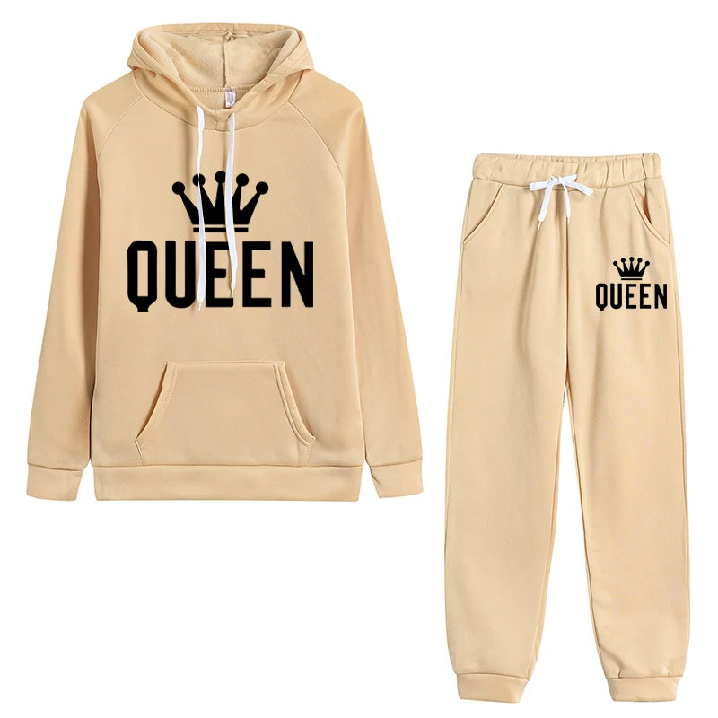 EtherealBe casual fleece 2 piece hoodie outfits for women in beige with 'Queen' print, perfect for relaxed style