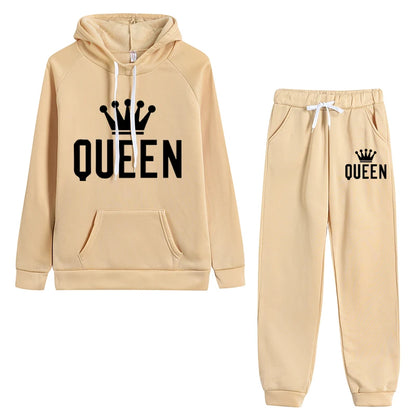 EtherealBe casual fleece 2 piece hoodie outfits for women in beige with 'Queen' print, perfect for relaxed style