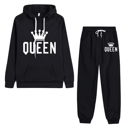 Black casual fleece 2 piece hoodie outfits for women with QUEEN graphic on hoodie and pants