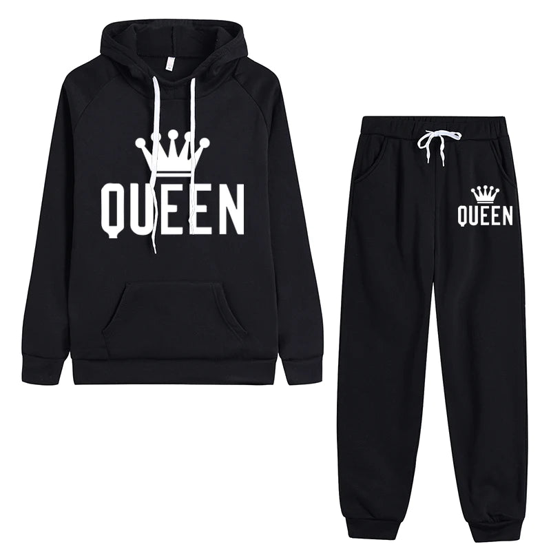Black casual fleece 2 piece hoodie outfits for women featuring 'QUEEN' graphic and comfortable fit