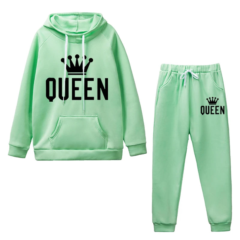 Light green casual fleece 2 piece hoodie outfits for women with Queen graphic print for relaxed style.