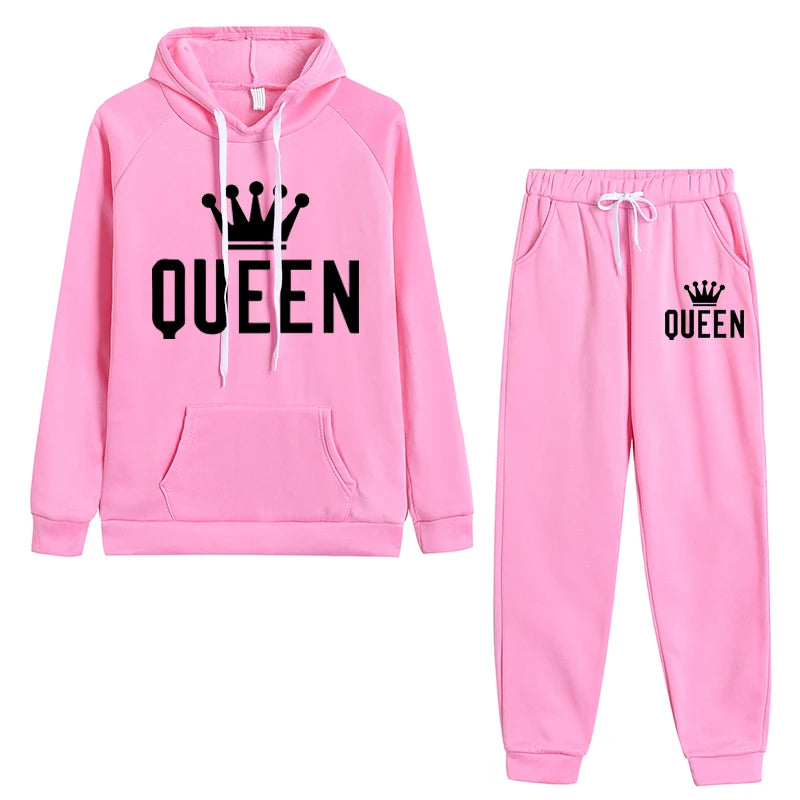 Pink casual fleece 2 piece hoodie outfits for women with 'QUEEN' design and comfortable fit