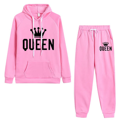 Pink casual fleece 2 piece hoodie outfits for women with 'QUEEN' design and comfortable fit