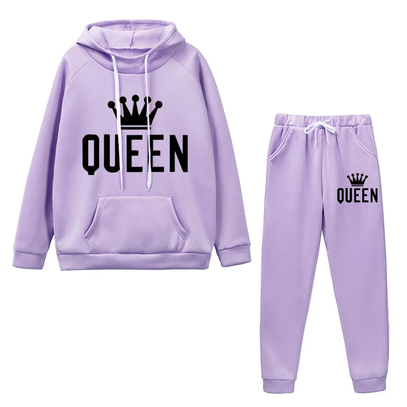 Light Purple Casual Fleece 2 Piece Hoodie Outfits for Women with Queen Graphic Design