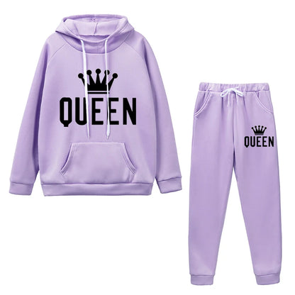 Light Purple Casual Fleece 2 Piece Hoodie Outfits for Women with Queen Graphic Design
