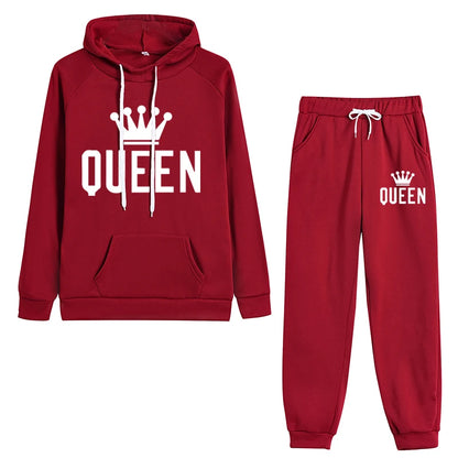 EtherealBe casual fleece 2 piece hoodie outfits for women in red with queen graphic print