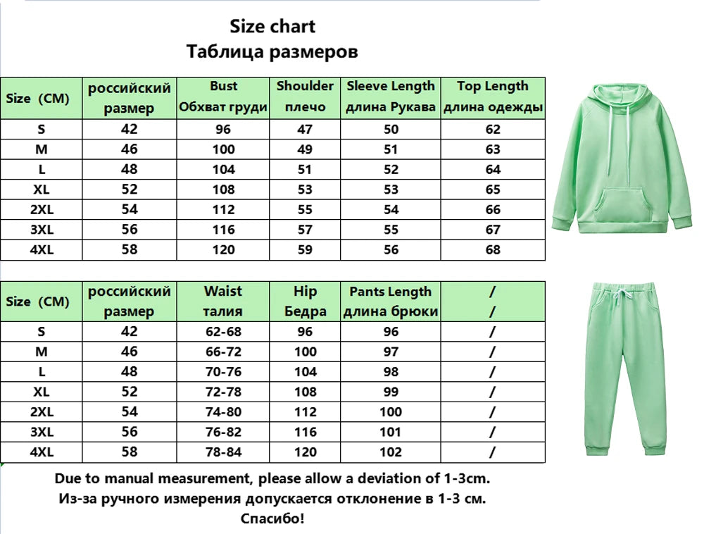 Size chart for casual fleece 2 piece hoodie outfits for women with green hoodie and pants illustration