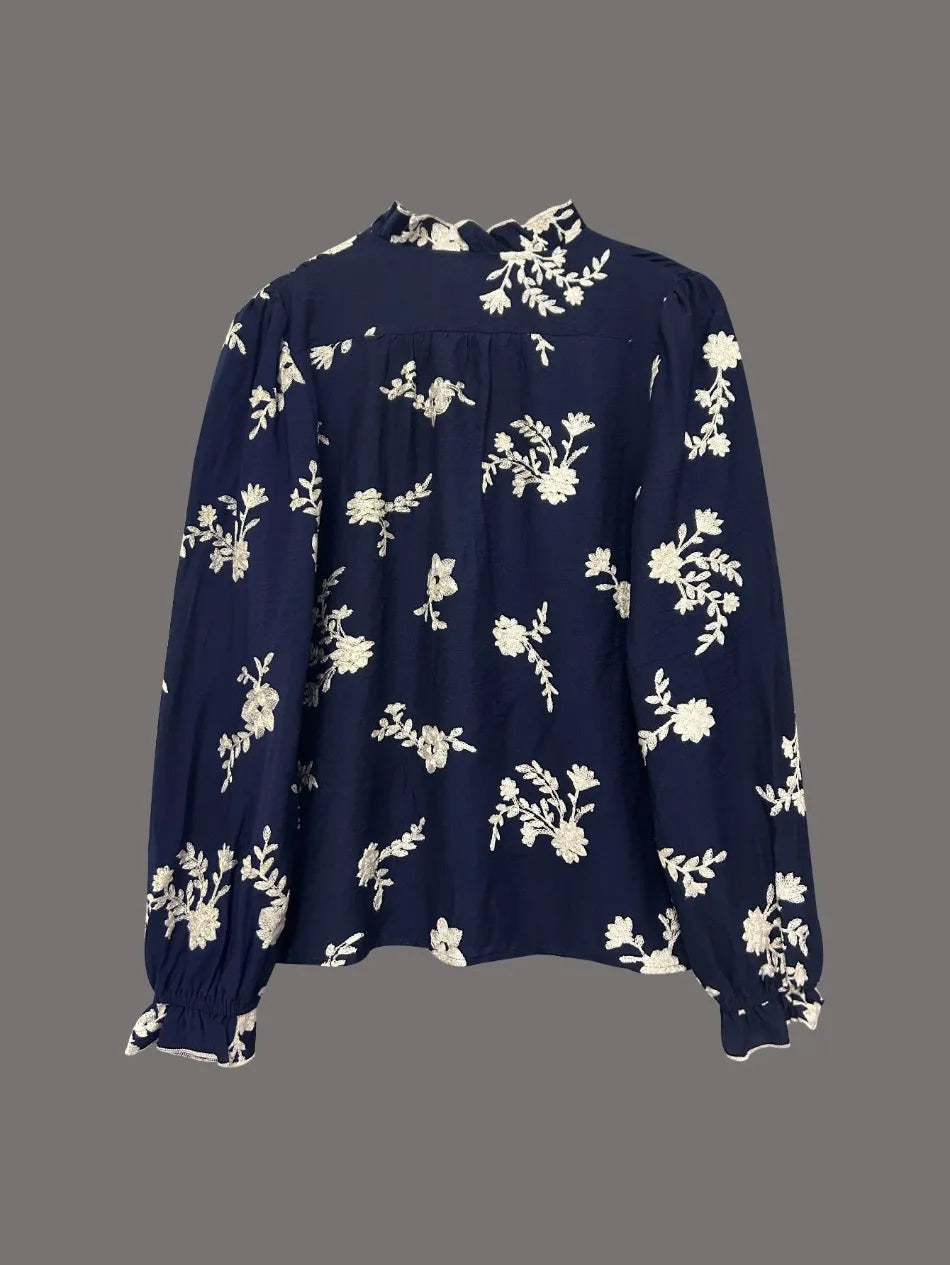EtherealBe casual floral button down top blouse in navy with white floral pattern and long sleeves