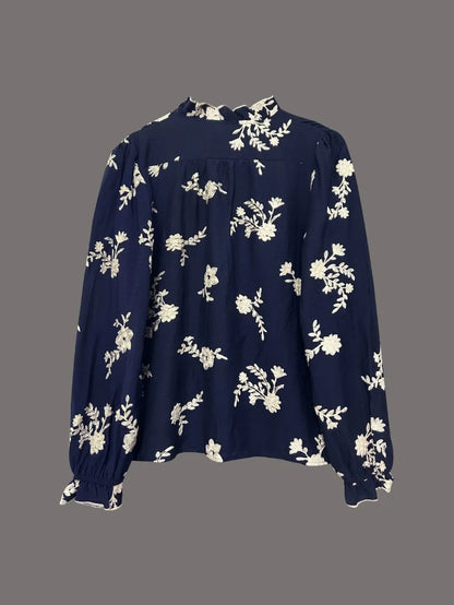 EtherealBe casual floral button down top blouse in navy with white floral pattern and long sleeves