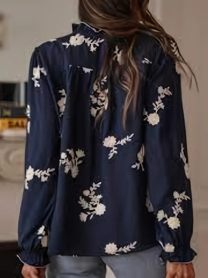 EtherealBe casual floral button down top blouse in navy with elegant floral print and long sleeves
