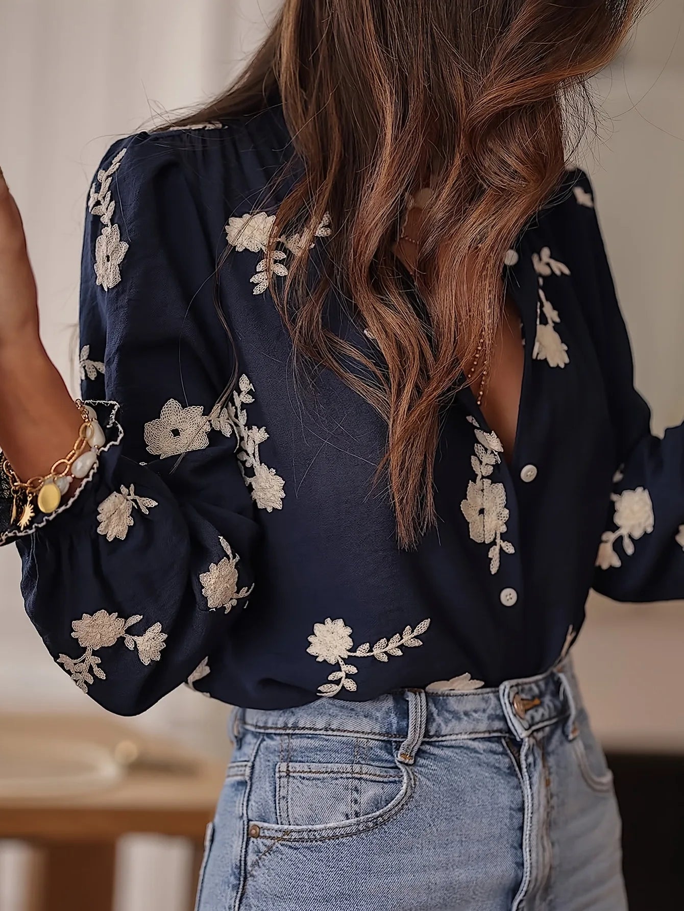 EtherealBe casual floral button down top blouse in navy with floral accents for stylish everyday wear