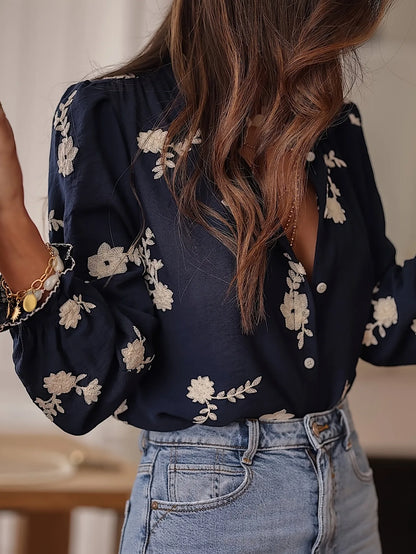 EtherealBe casual floral button down top blouse in navy with floral accents for stylish everyday wear