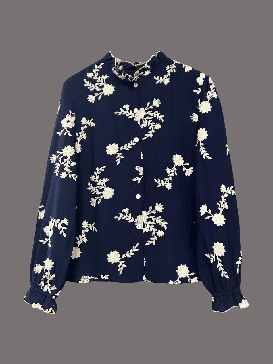 EtherealBe casual floral button down top blouse in navy with white floral design and puff sleeves