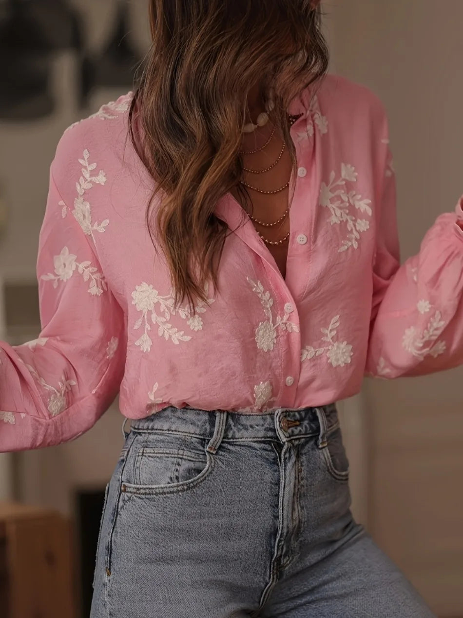 EtherealBe casual floral button down top blouse in pink with delicate floral embroidery