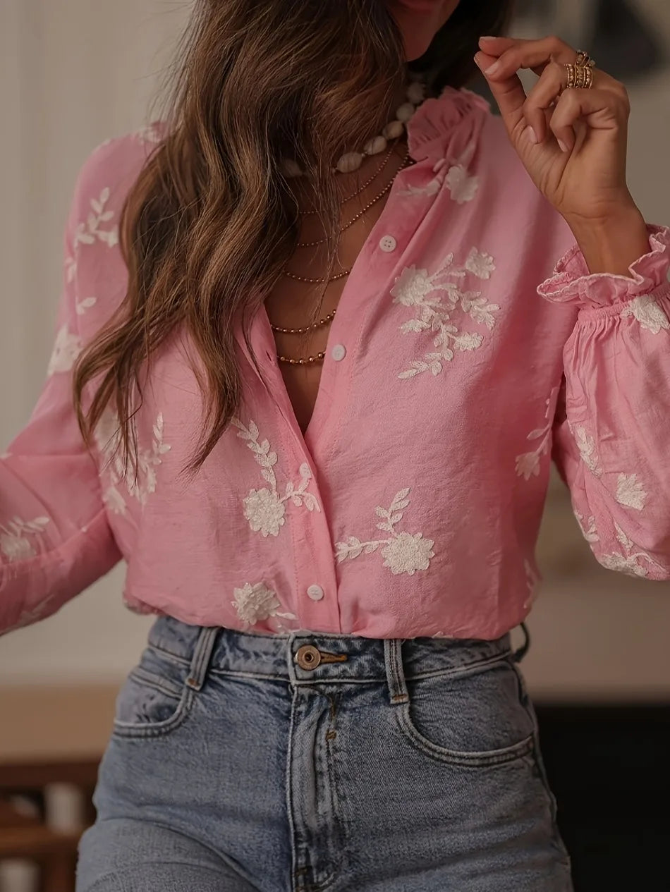 EtherealBe casual floral button down top blouse in pink with delicate embroidery and a relaxed fit