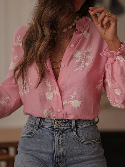 EtherealBe casual floral button down top blouse in pink with delicate embroidery and a relaxed fit