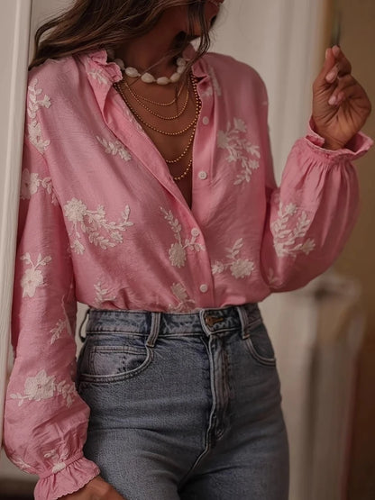 EtherealBe casual floral button down top blouse in pink with embroidered flowers and balloon sleeves