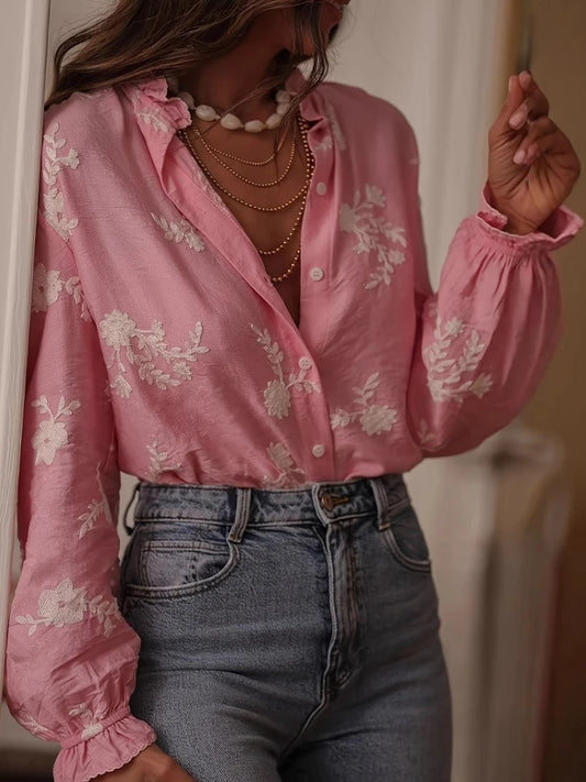 EtherealBe casual floral button down top blouse in pink with embroidered flowers and balloon sleeves