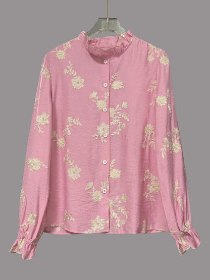 EtherealBe casual floral button down top blouse in pink with ruffled collar and long sleeves