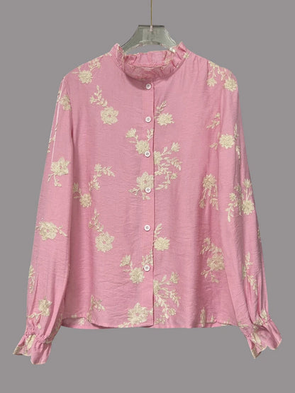 EtherealBe casual floral button down top blouse in pink with elegant floral pattern and button closure