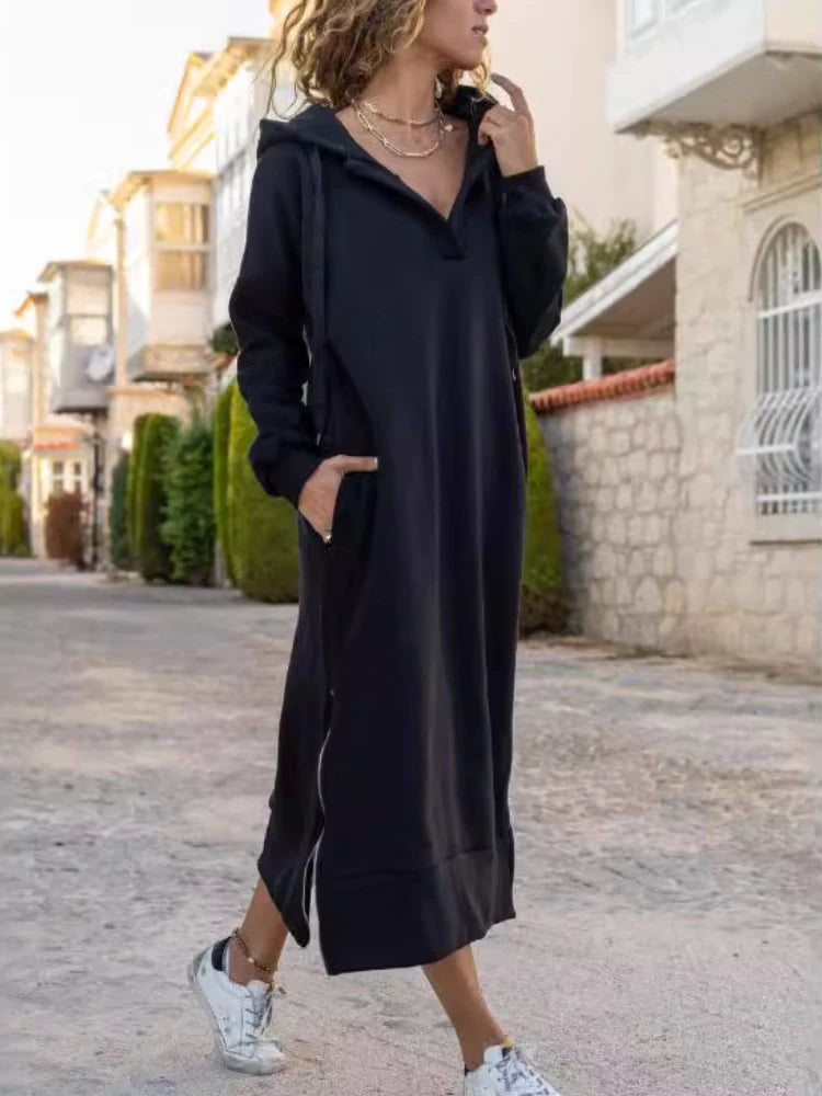 EtherealBe casual hooded V-neck dress in black with side pockets and a stylish long design