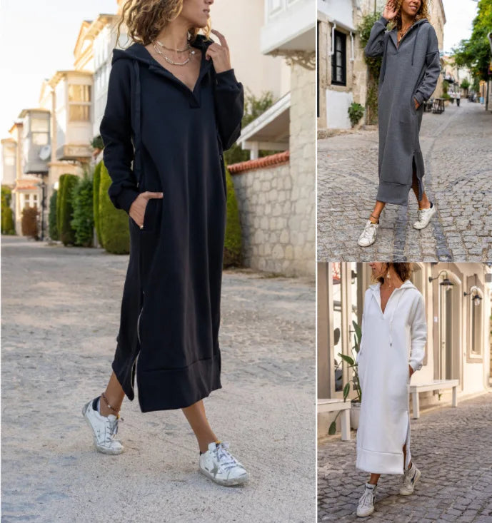 Three casual hooded V-neck dresses in black, gray, and white with pockets and side slits for a stylish look