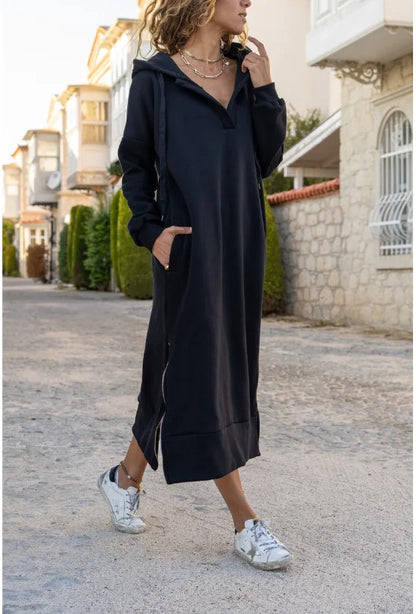 EtherealBe casual hooded V-neck dress in navy with pockets and side slits for a relaxed look