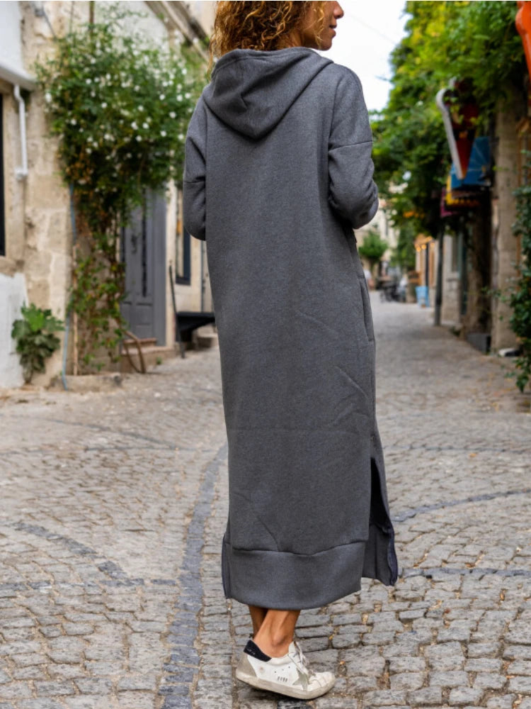 EtherealBe casual hooded V-neck dress in gray, perfect for relaxed outings with a stylish design.