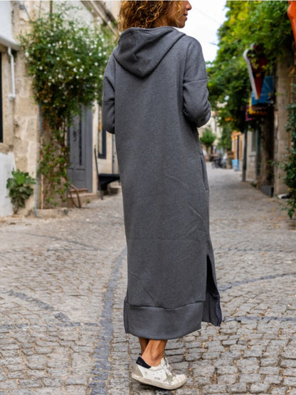 EtherealBe casual hooded V-neck dress in gray, perfect for relaxed outings with a stylish design.