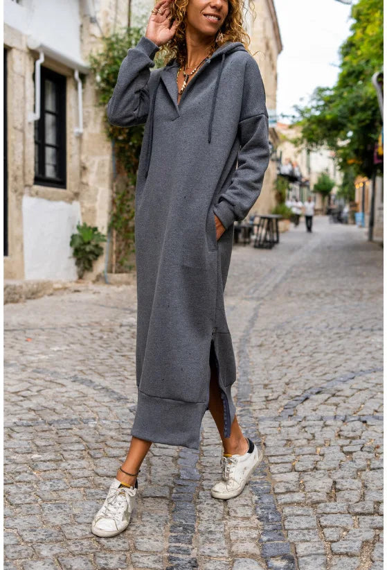 EtherealBe casual hooded V-neck dress in gray with side slits and pockets for a trendy look