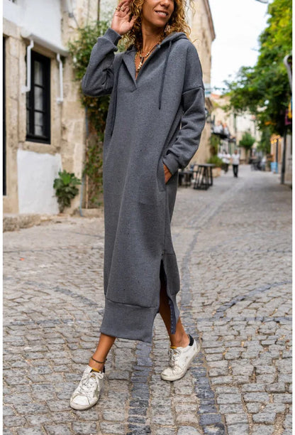 EtherealBe casual hooded V-neck dress in gray with side slits and pockets for a trendy look