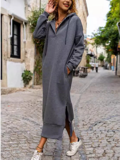 EtherealBe casual hooded V-neck dress in gray with side slits and pockets for effortless style