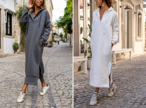 Elegant casual hooded V-neck dress in gray and white with side pockets for a stylish look