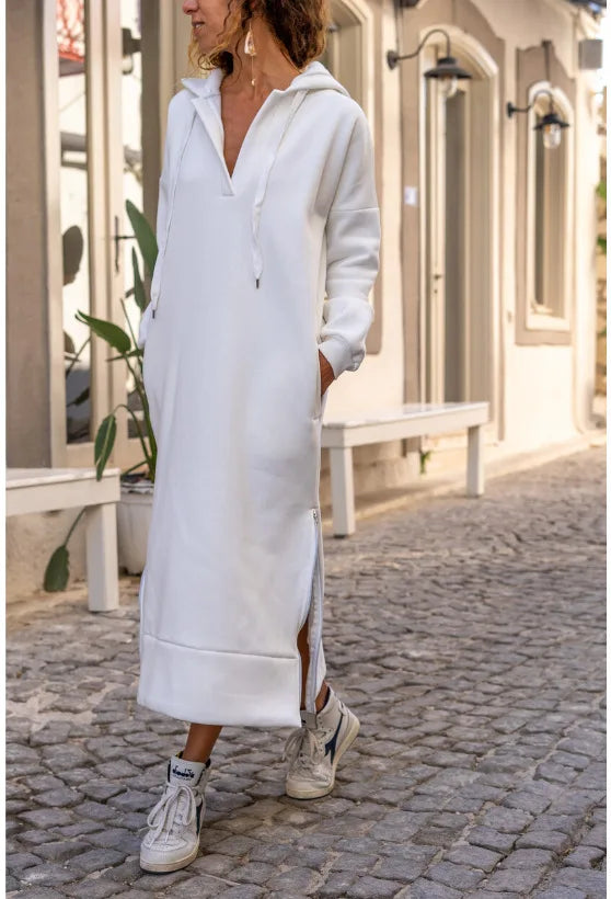 EtherealBe casual hooded V-neck dress in white with side slits and relaxed fit