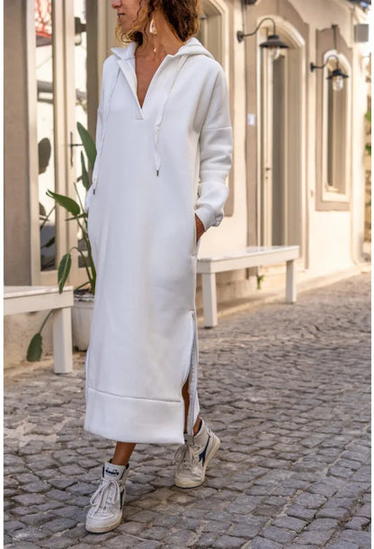 EtherealBe casual hooded V-neck dress in white with side slits and relaxed fit