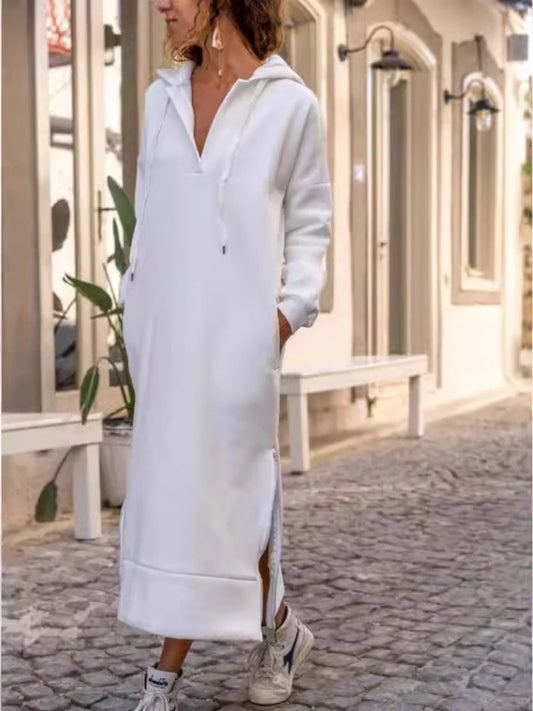 EtherealBe Casual Hooded V-Neck Dress in White with Side Slits for Effortless Style