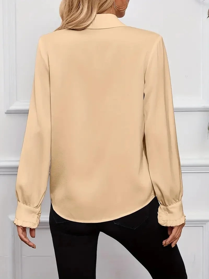 Back view of an EtherealBe casual lapel button shirt for women in beige with long sleeves
